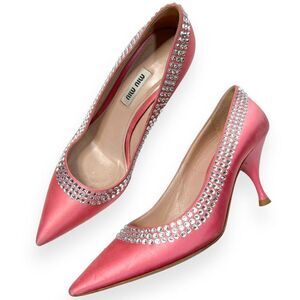 Miu Miu Calzature Donna Crystal Embellished Satin Heels Pumps Rose Pink SZ 36.5